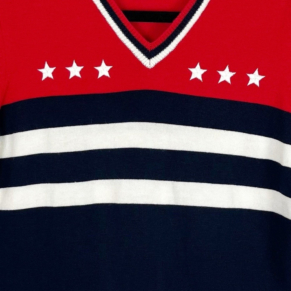 Vintage V-Neck Sweater Top Small Red Blue Short Sleeve Stars Stripes 90s Y2K - Picture 6 of 9